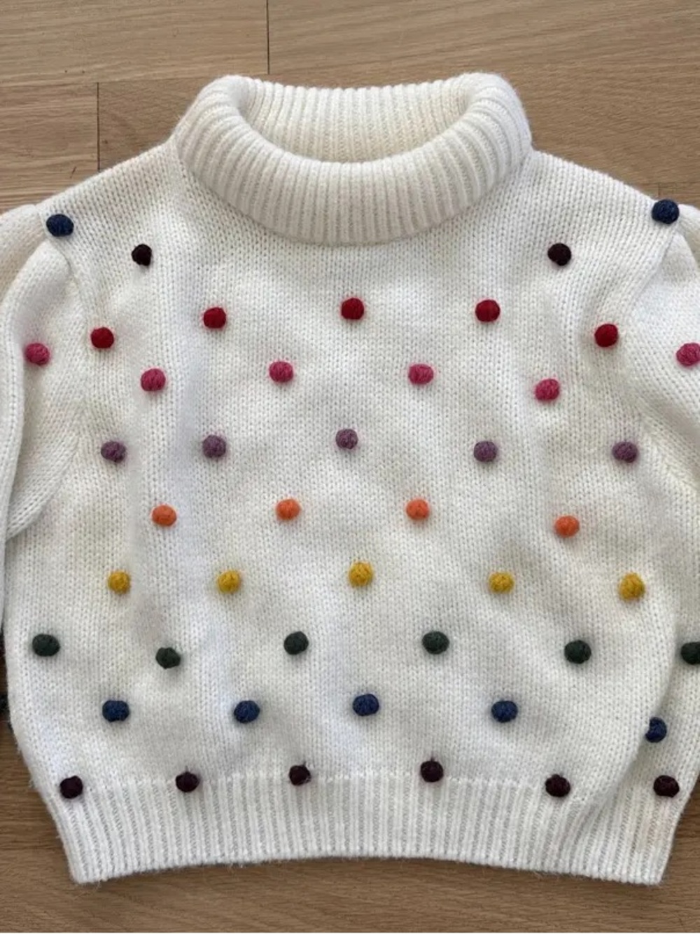 White Polka Dot Knit Sweater - Multicolor Pom Detail - Picture 4 of 4